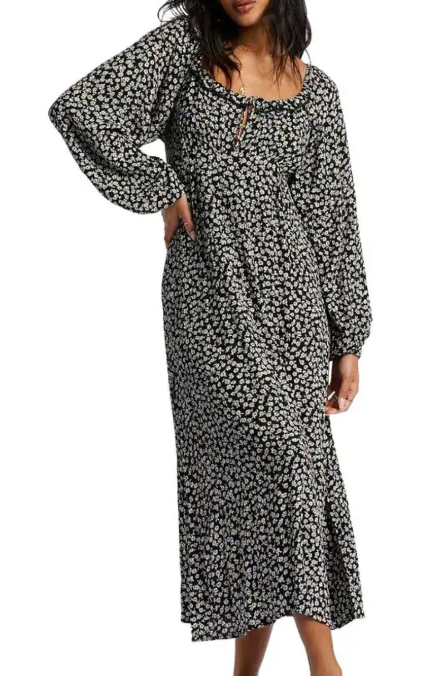 Billabong better days black long sleeve midi dress white floral womens medium